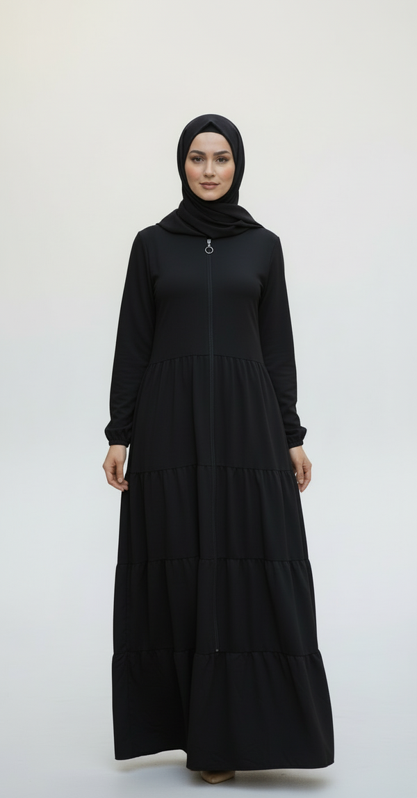 Comfort Zip-Front Tiered Abaya Dress