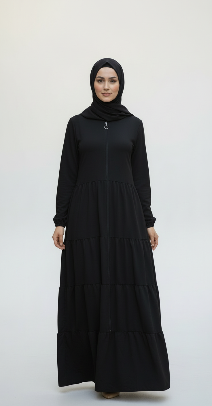 Comfort Zip-Front Tiered Abaya Dress