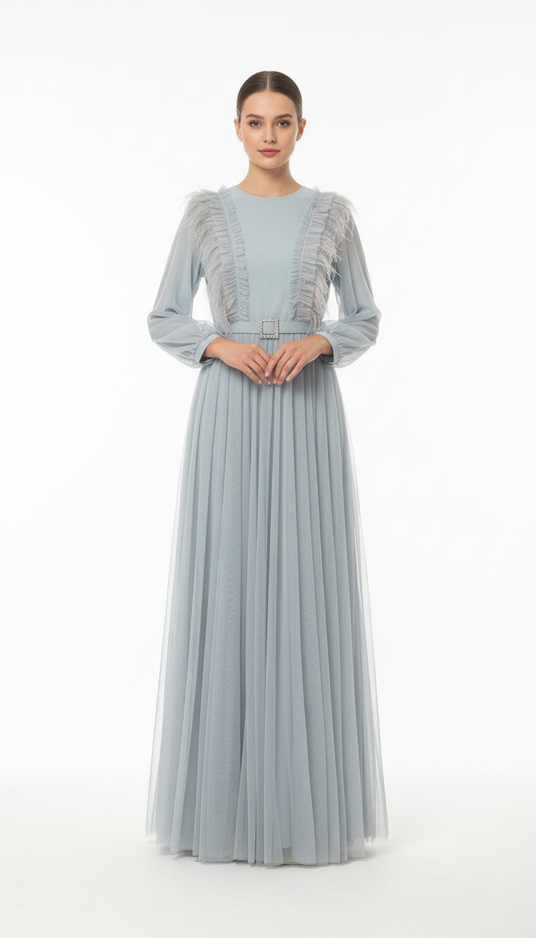 Feather Trim Pleated Gown