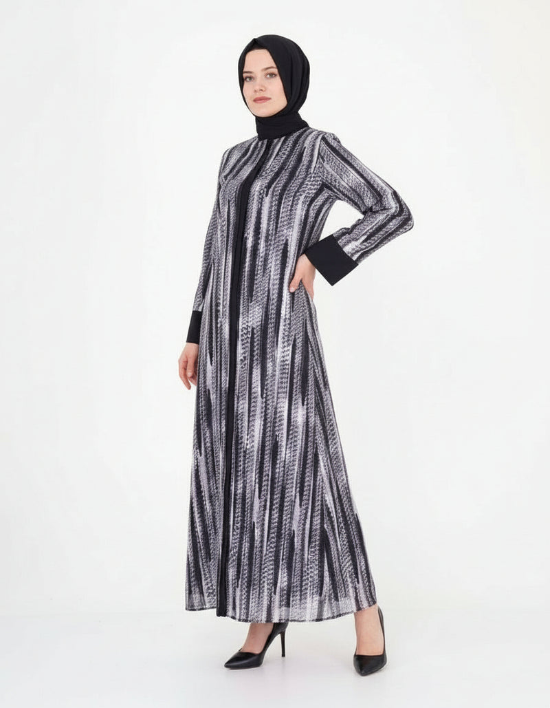 Abstract Print High-Neck Modest Dress