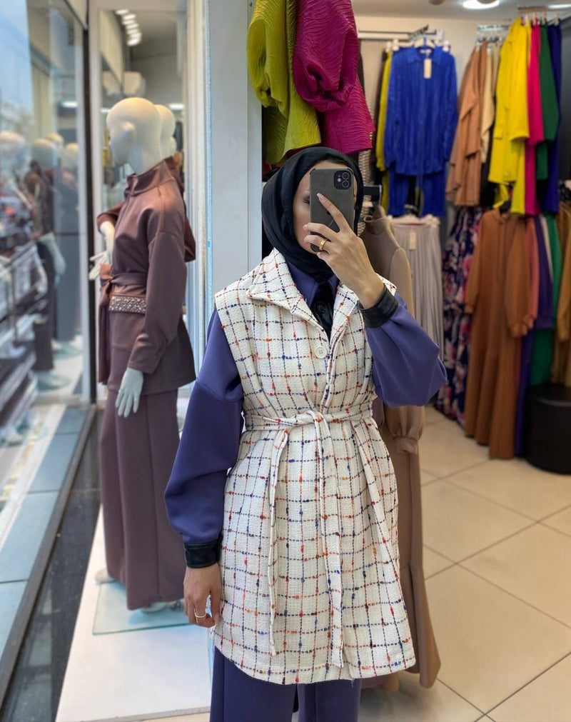 Checked Wool Blend Sleeveless Coat