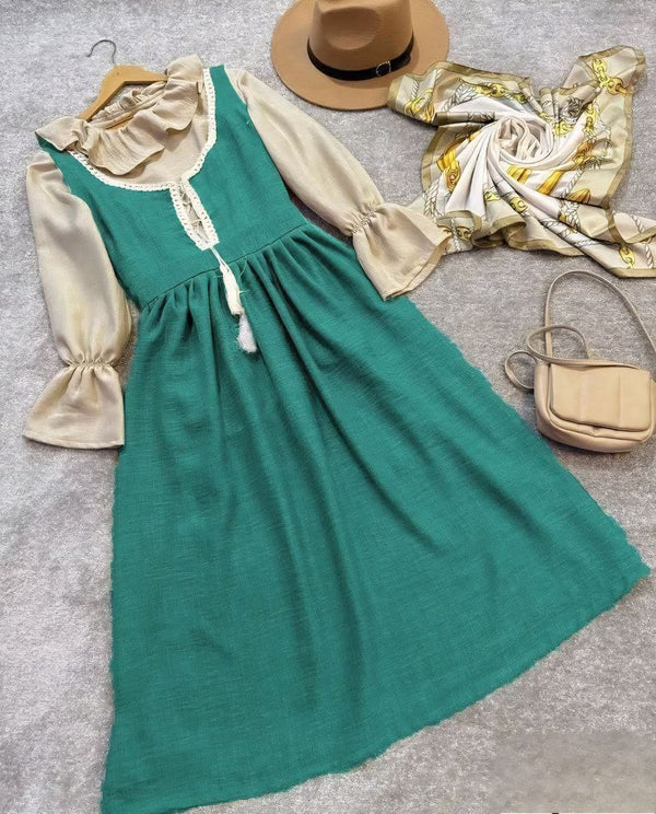 Ruffled Blouse Lace-Up Modest Dress Set