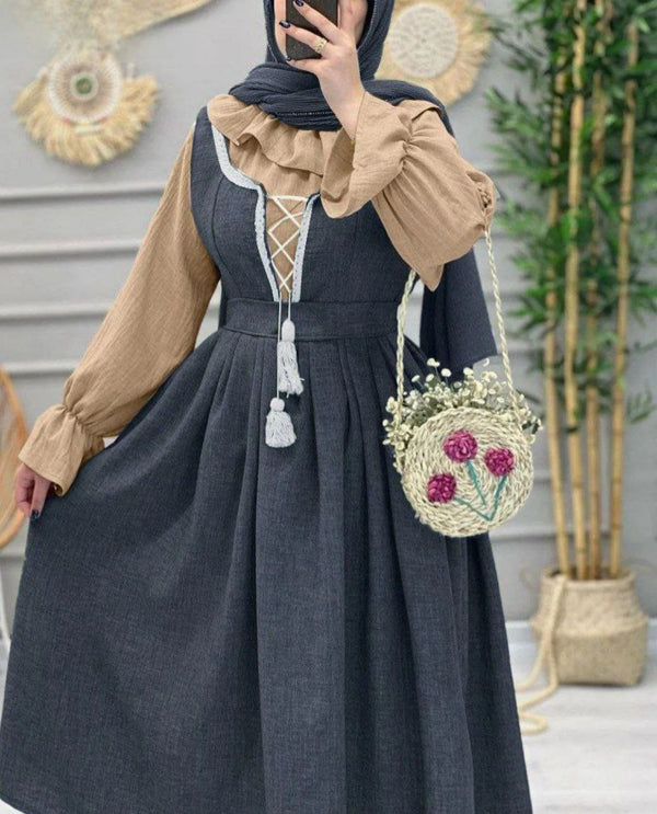 Ruffled Blouse Lace-Up Modest Dress Set