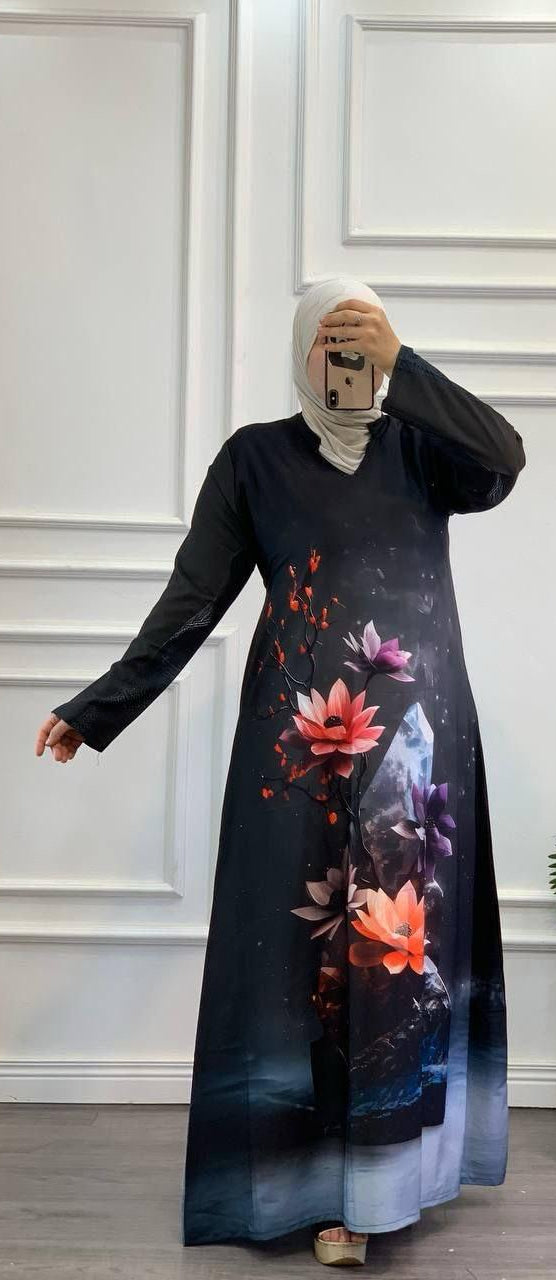 Dramatic Floral Print Modest Maxi Dress
