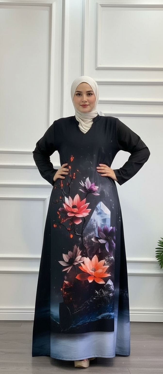 Dramatic Floral Print Modest Maxi Dress