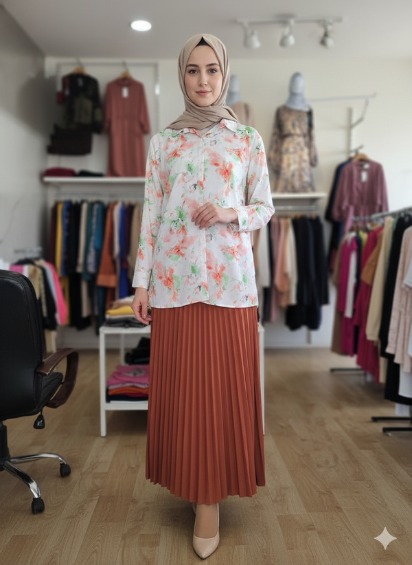 Floral Modest Blouse and Pleated Skirt Set