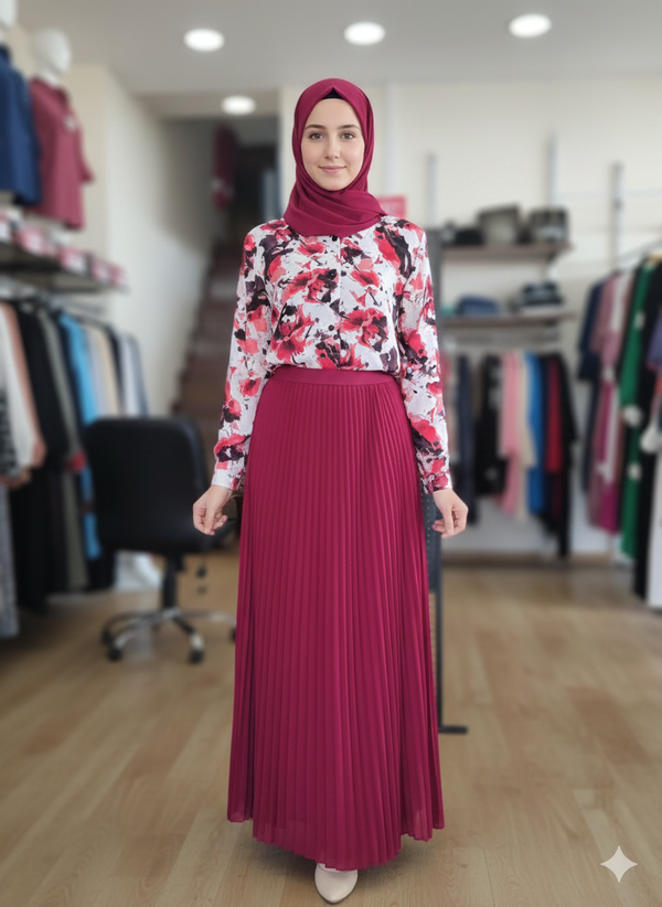 Floral Modest Blouse and Pleated Skirt Set