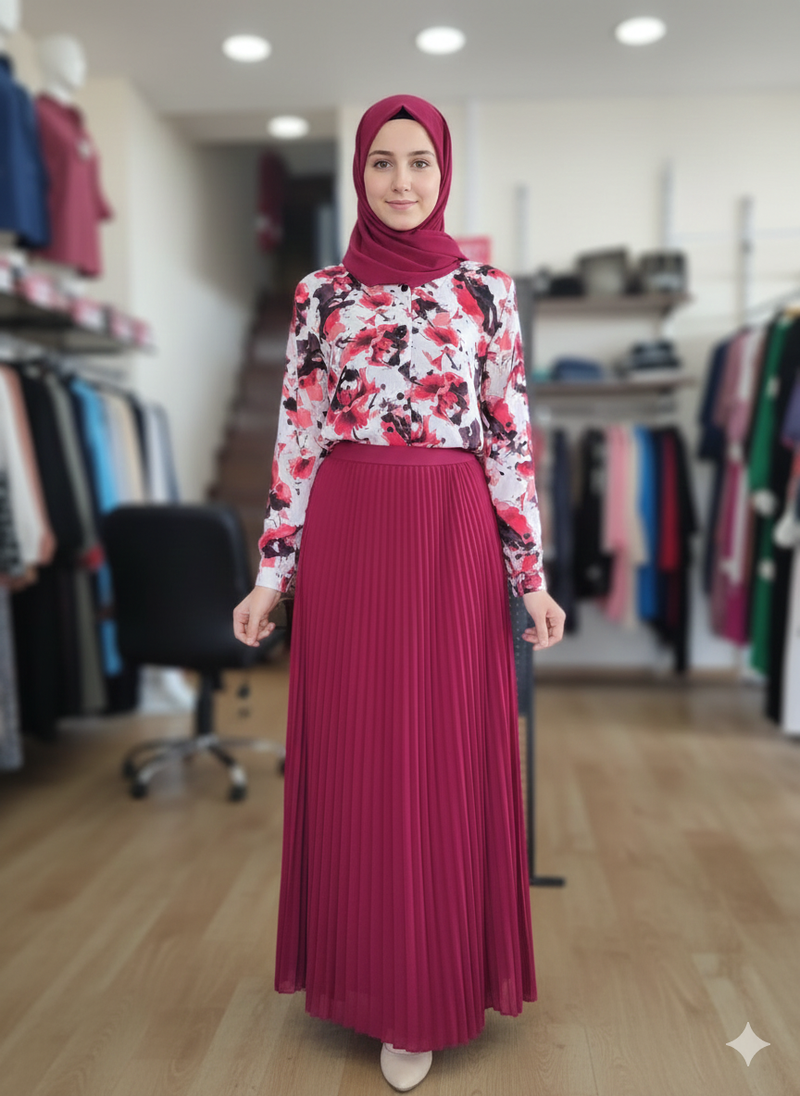 Floral Modest Blouse and Pleated Skirt Set