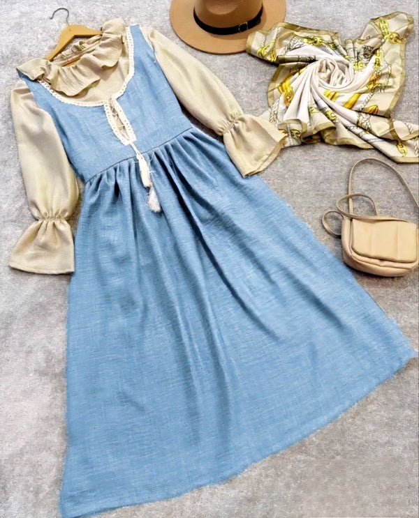 Ruffled Blouse Lace-Up Modest Dress Set