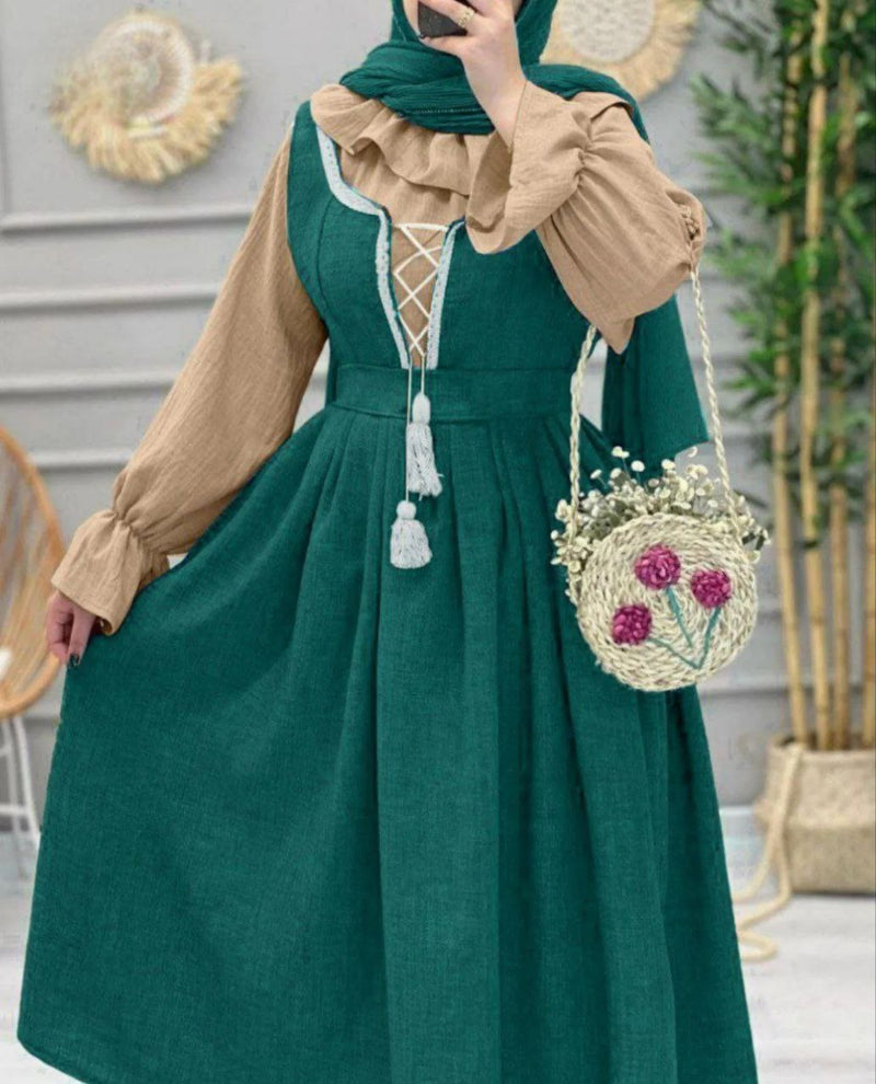 Ruffled Blouse Lace-Up Modest Dress Set