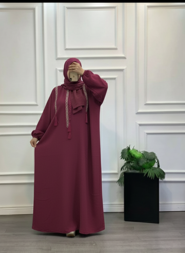 Soft Striped Tassel Modest Abaya Set