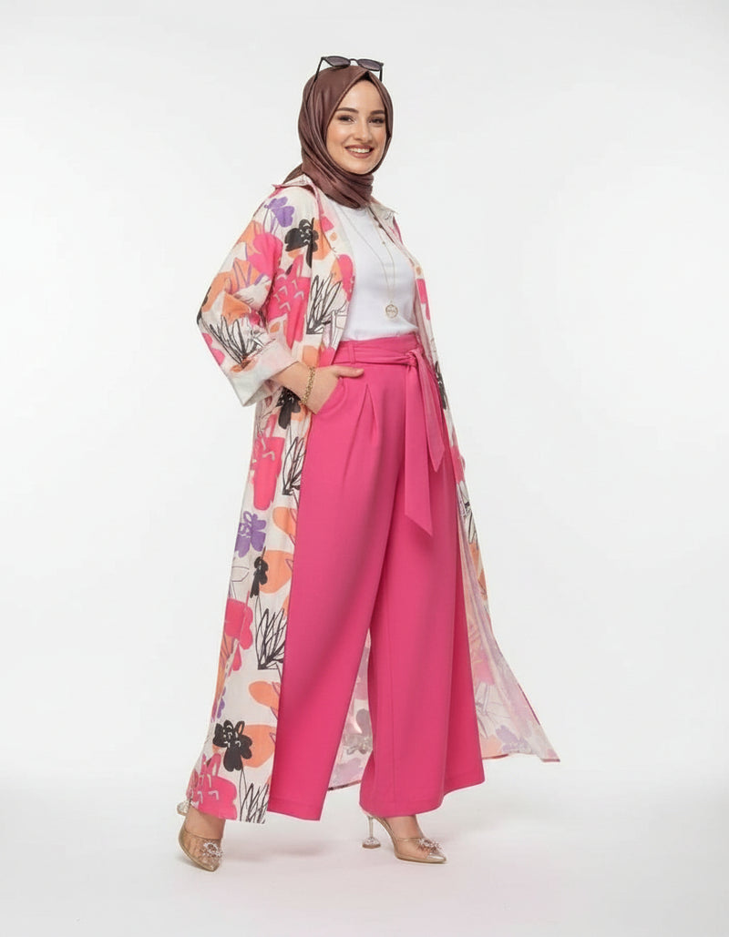 Floral Print Duster and Wide-Leg Pant Set