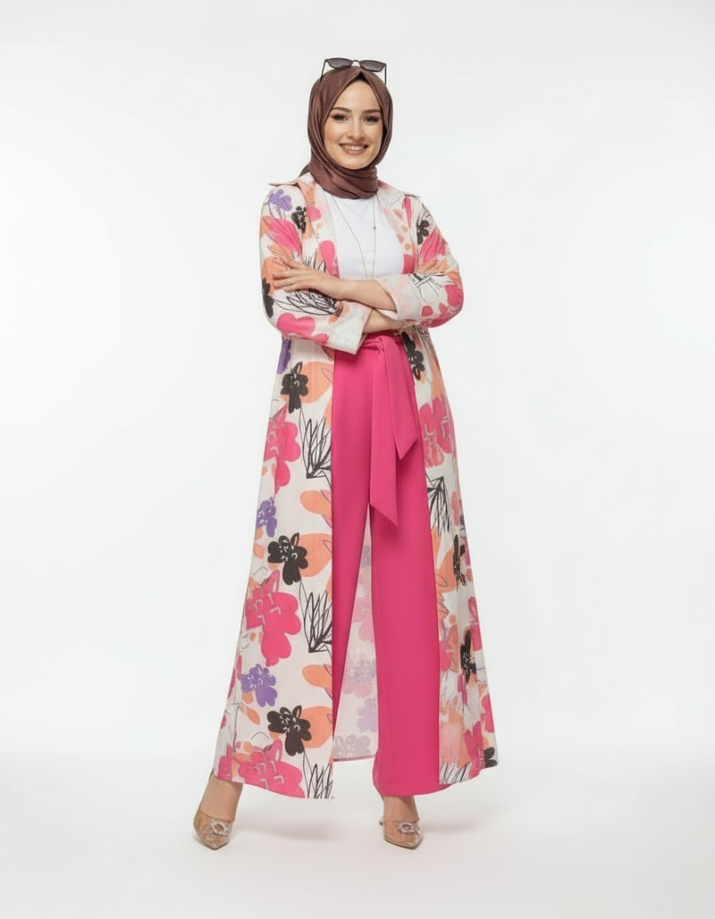 Floral Print Duster and Wide-Leg Pant Set