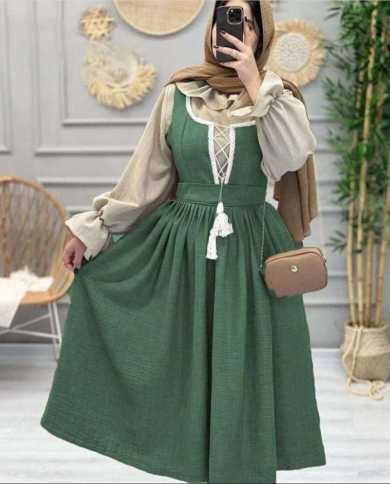 Ruffled Blouse Lace-Up Modest Dress Set