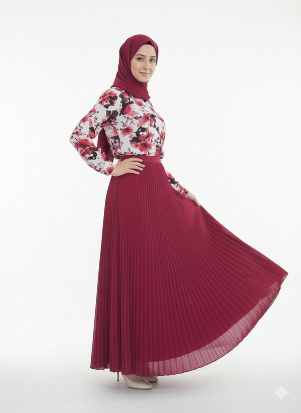Floral Modest Blouse and Pleated Skirt Set