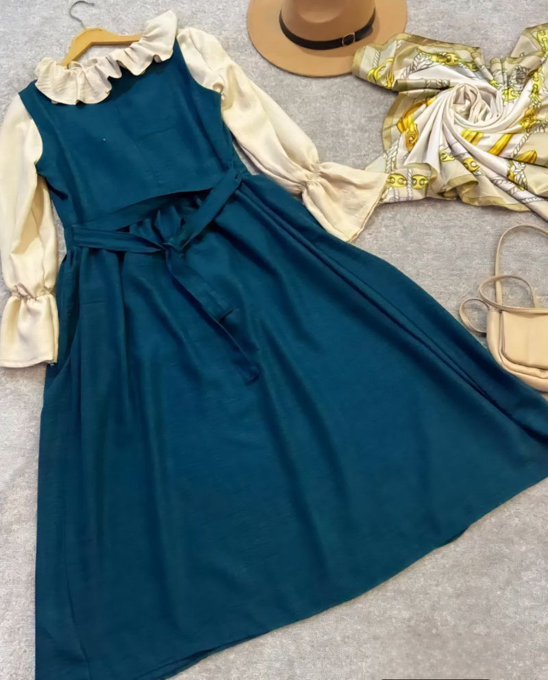 Ruffled Blouse Lace-Up Modest Dress Set