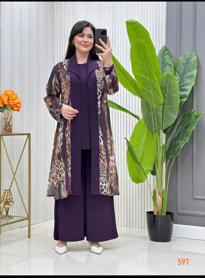 Three-Piece Leopard Print Abaya Set