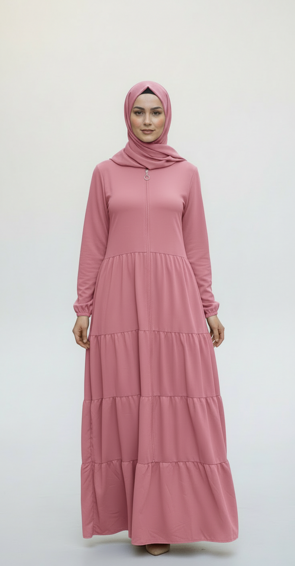 Comfort Zip-Front Tiered Abaya Dress