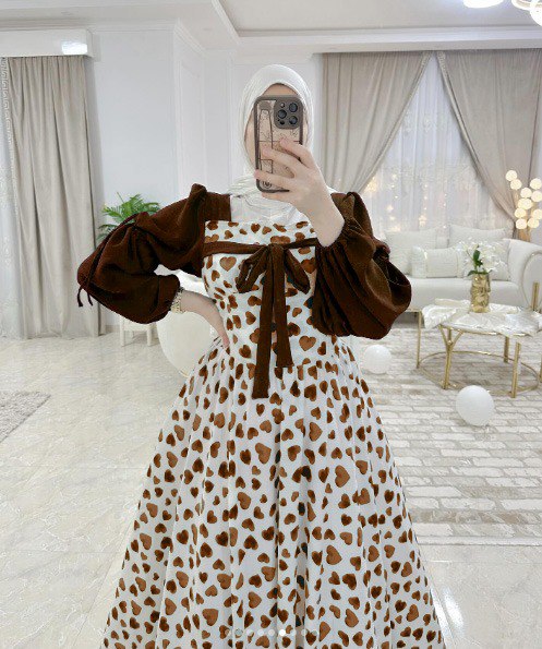 Heart Print Puff Sleeve Long Dress