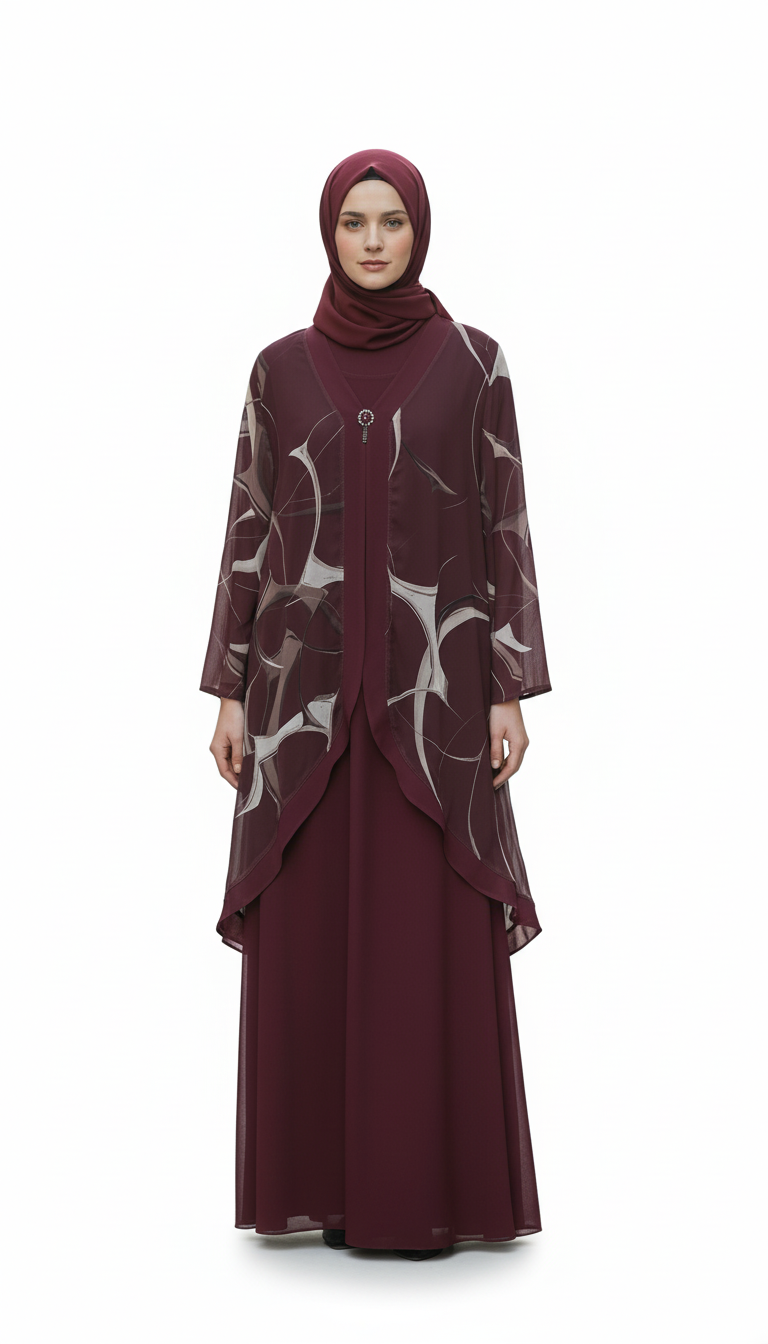 Patterned Sheer Overlay Modest Dress Twin Set