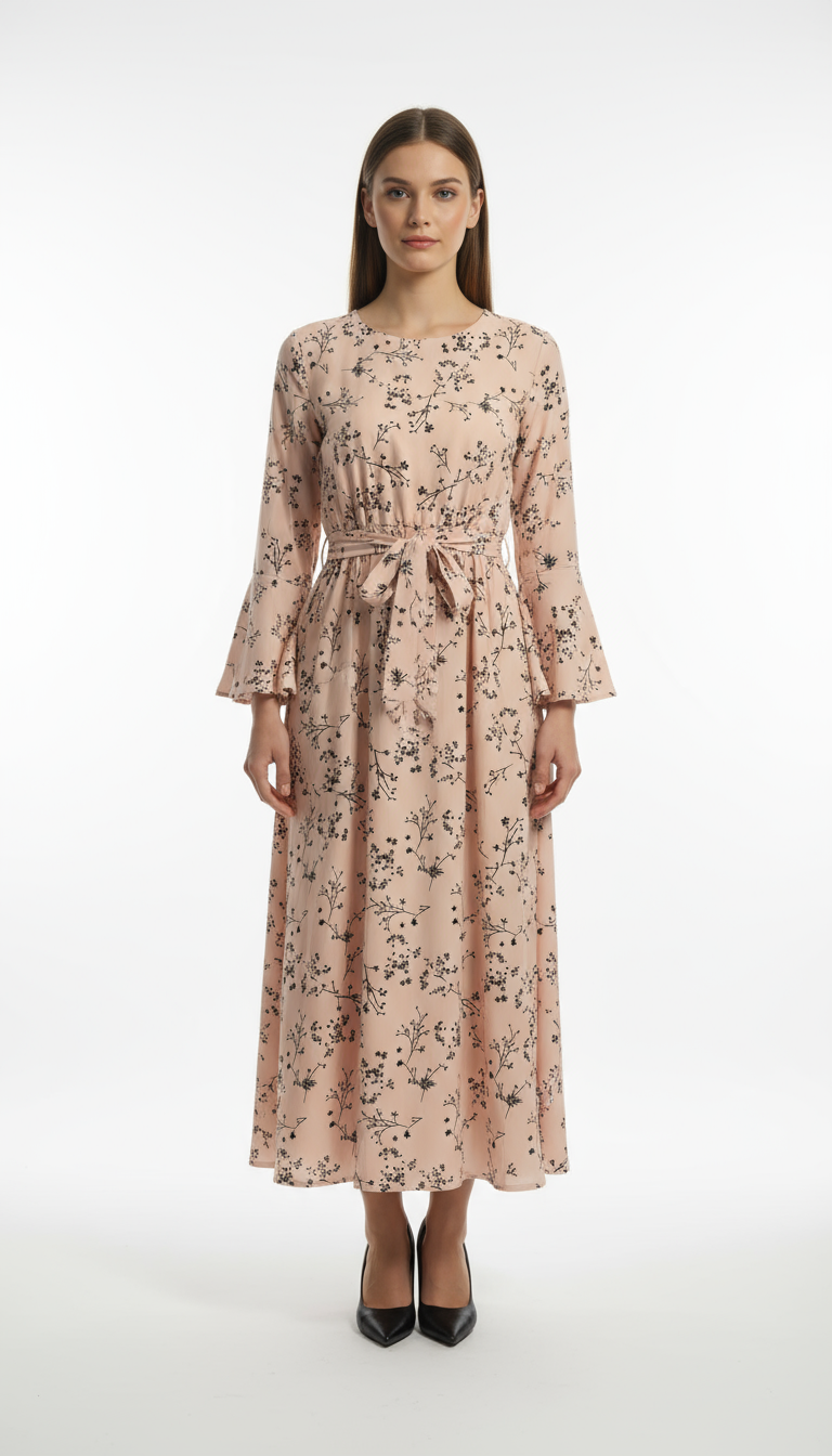 Floral Print Bell Sleeve Modest Dress