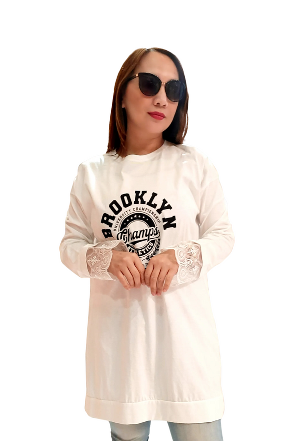 "Brooklyn"Printed Long Sleeve White Shirt