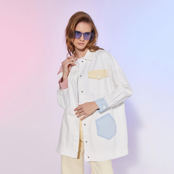 Beige Colorful Pockets Shirt | قميص أبيض مصمم بألوان كاجوال