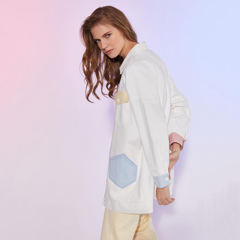 Beige Colorful Pockets Shirt | قميص أبيض مصمم بألوان كاجوال