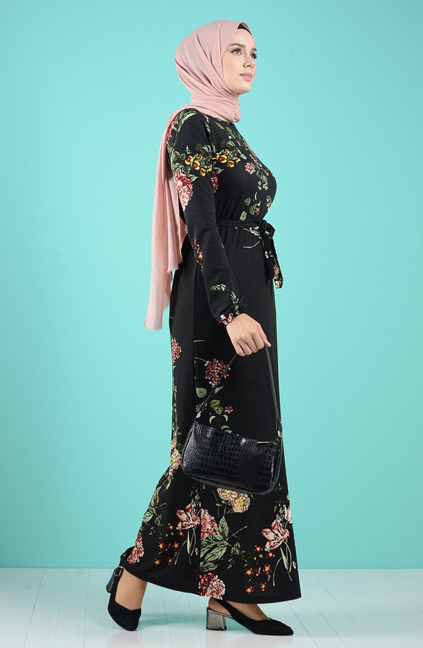 Black Floral Belted Long Dress