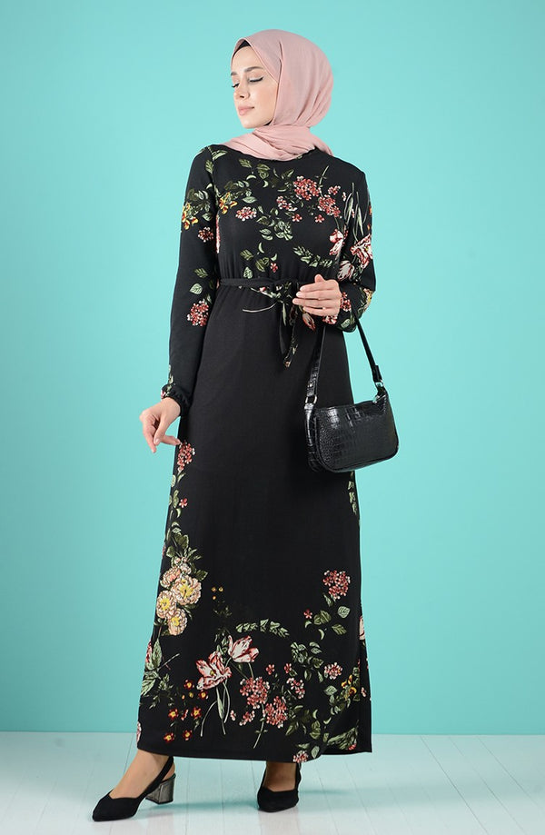 Black Floral Belted Long Dress