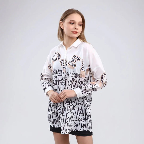 White Graphic Long Sleeve Shirt