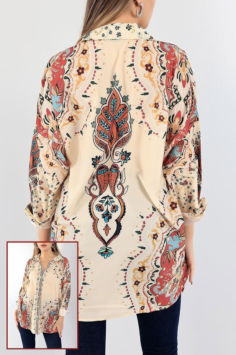 Beige Graphic Long Sleeve Shirt