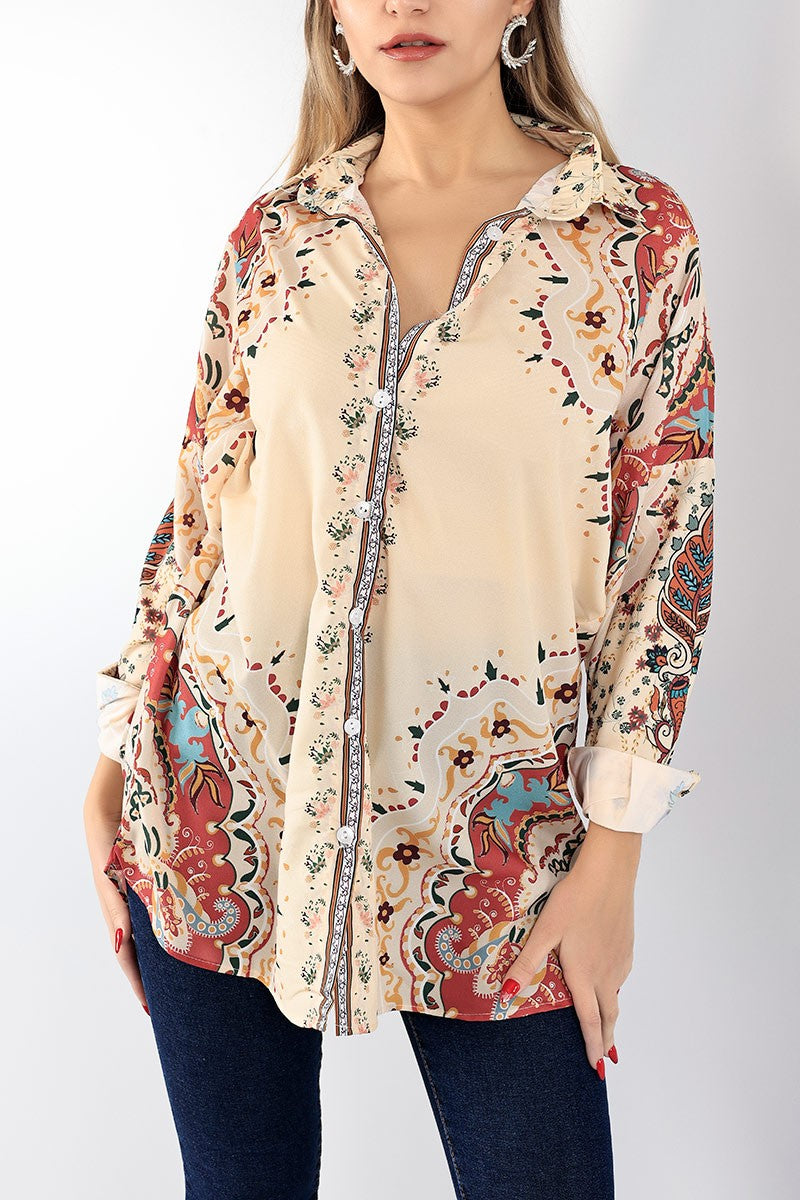 Beige Graphic Long Sleeve Shirt