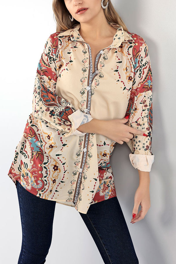 Beige Graphic Long Sleeve Shirt