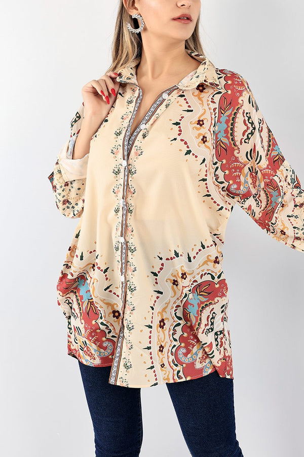 Beige Graphic Long Sleeve Shirt