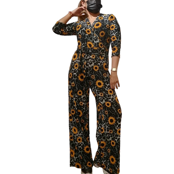 Grey Leopard Sunflower Floral Jumpsuit