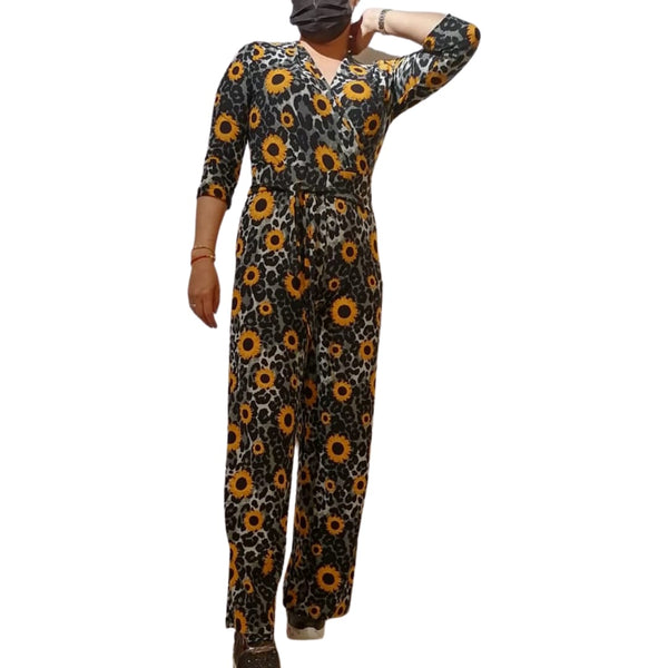 Grey Leopard Sunflower Floral Jumpsuit