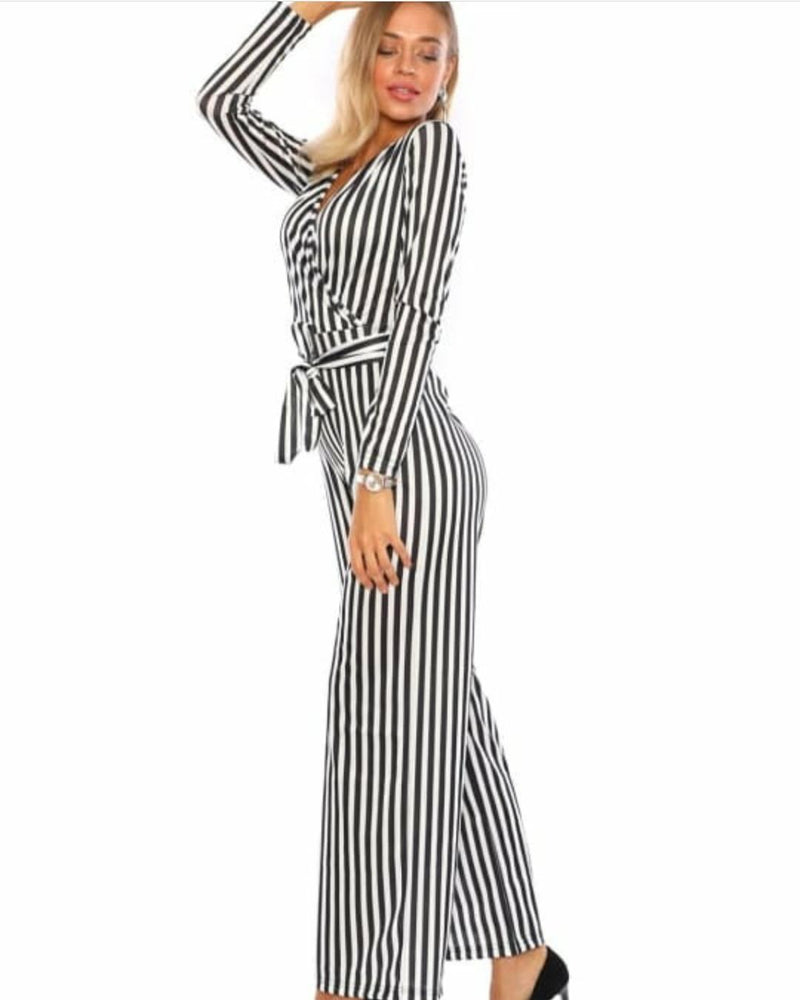 Zebra Striped Belted Jumpsuit