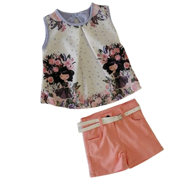 Girls' Polka Blouse and Belted Shorts Set