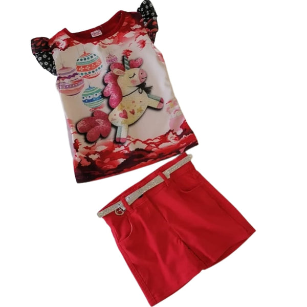 Girls' Graphic Blouse and Belted Shorts Set