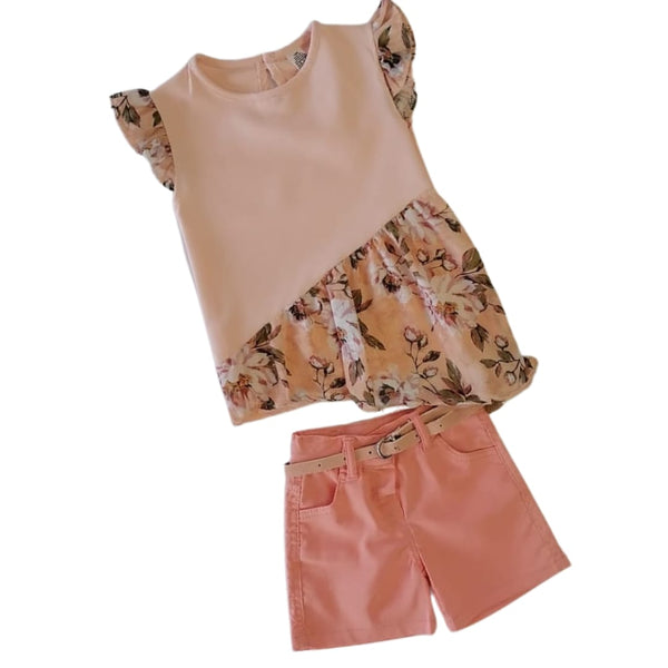 Girls' Floral Blouse and Belted Shorts Set