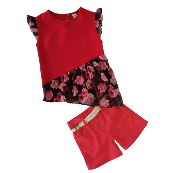 Girls' Floral Blouse and Belted Shorts Set