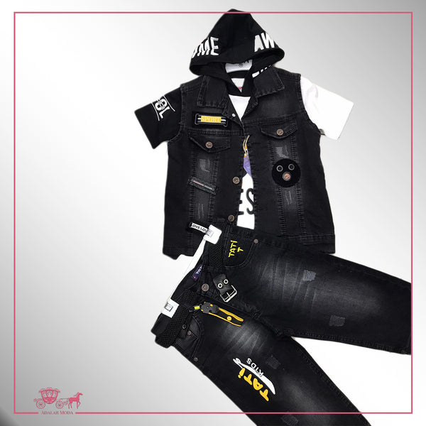 Black Hoodied Jeans "AWESOME" Set (4Pcs)