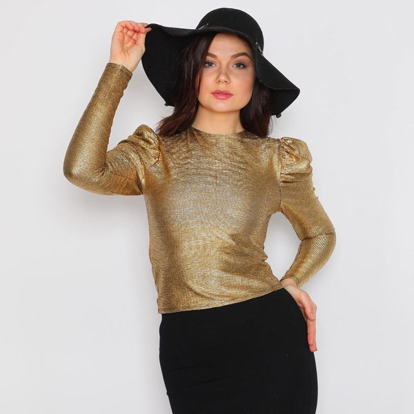 Golden Puff Sleeve Crop Top